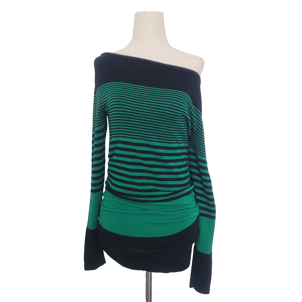 Y2K Striped One off Shoulder Slouchy Knit Sweater Size XS Green Emo Scene Grunge